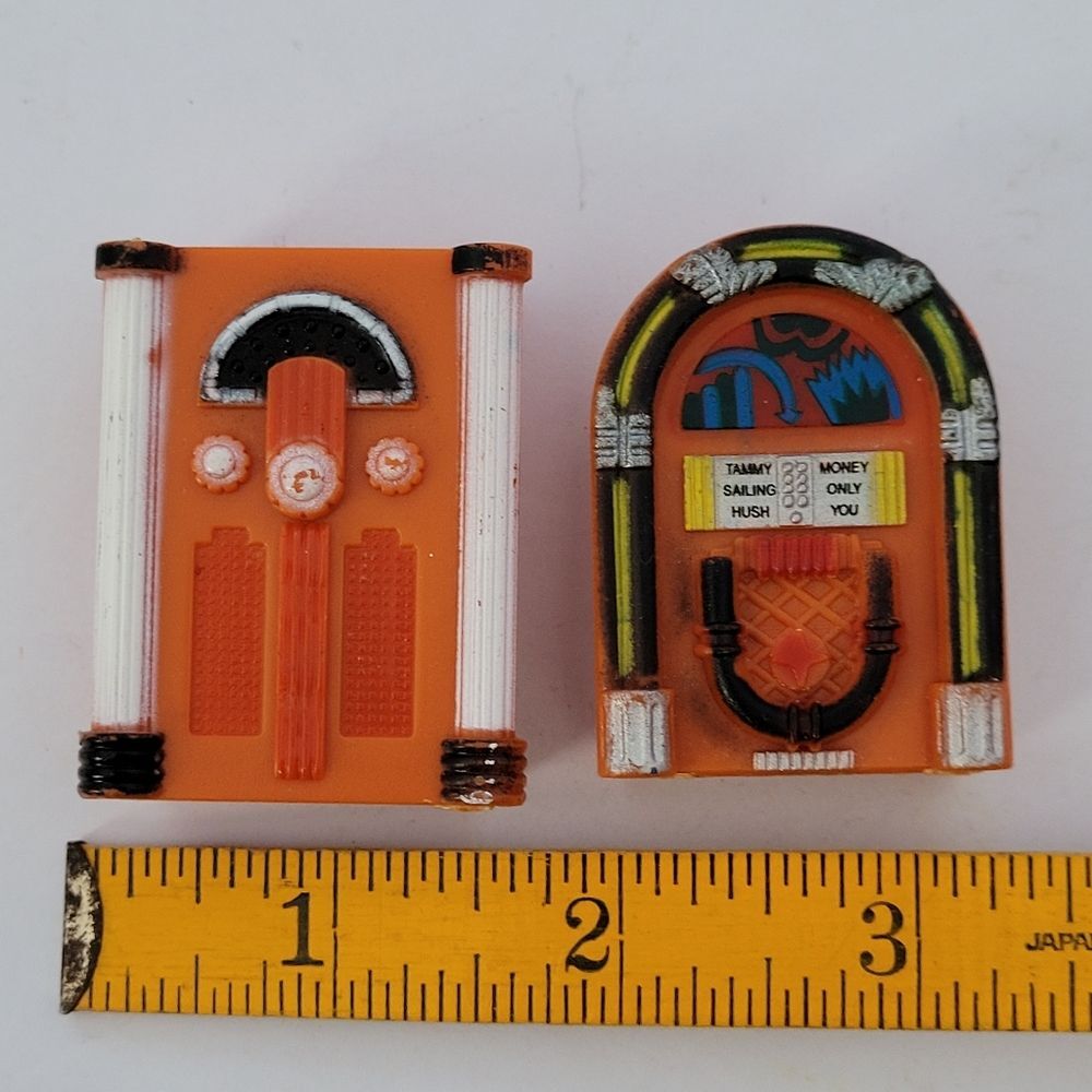 2 Miniature Dollhouse Orange Retro Plastic Jukebox Bundle